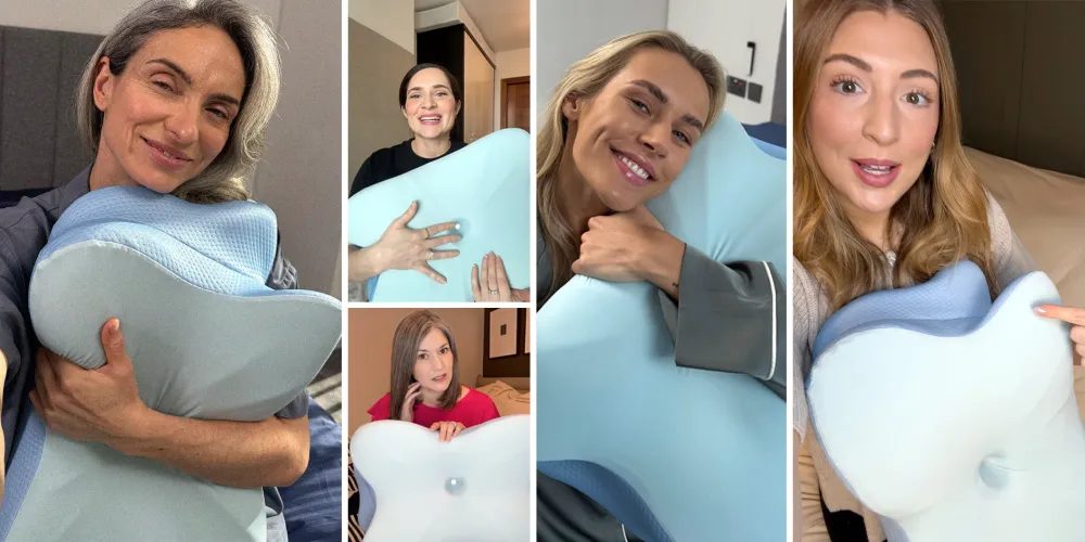 Promotional images of people holding the Derila Ergo pillow
